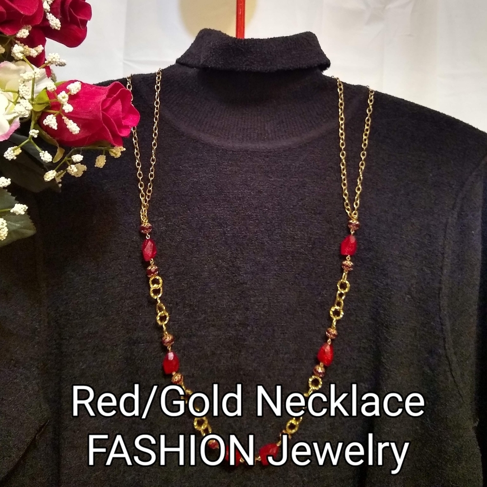 Necklace Red Bead Gold Loop Chain Fashion Jewelry